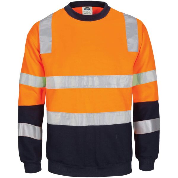 DNC Workwear Hi Vis 2 tone, crew-neck fleecy sweat shirt with shoulders, double hoop body and arms CSR R/Tape.