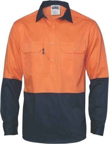 DNC Workwear Hi Vis Two Tone Close Front Cotton Drill Shirt - long sleeve Gusset Sleeve