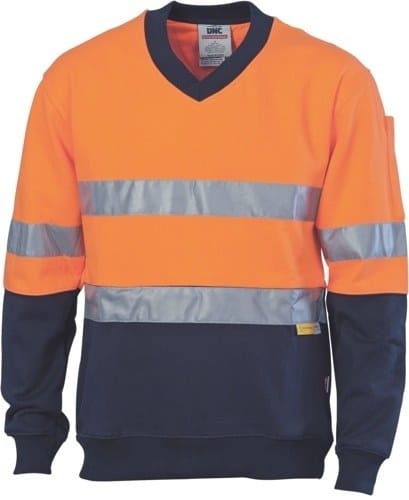 DNC Workwear Hi Vis Two Tone Cotton Fleecy Sweat Shirt V-Neck with 3M R/Tape