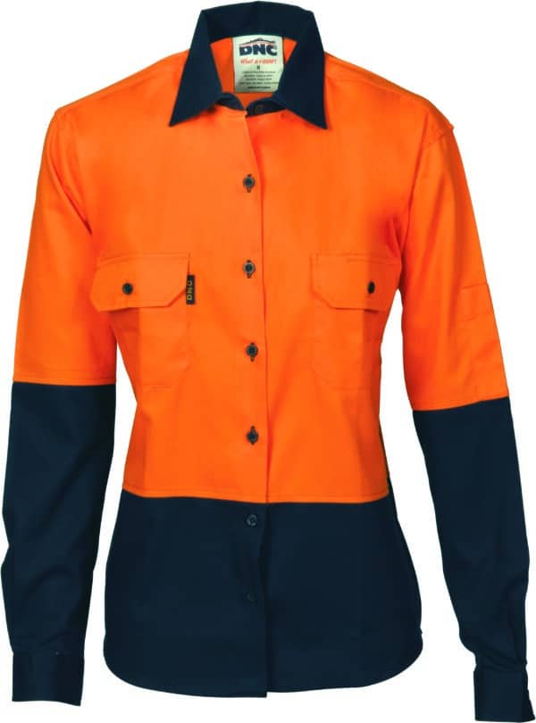 DNC Workwear Ladies Hi Vis Two Tone Cotton Drill Shirt - Long Sleeve