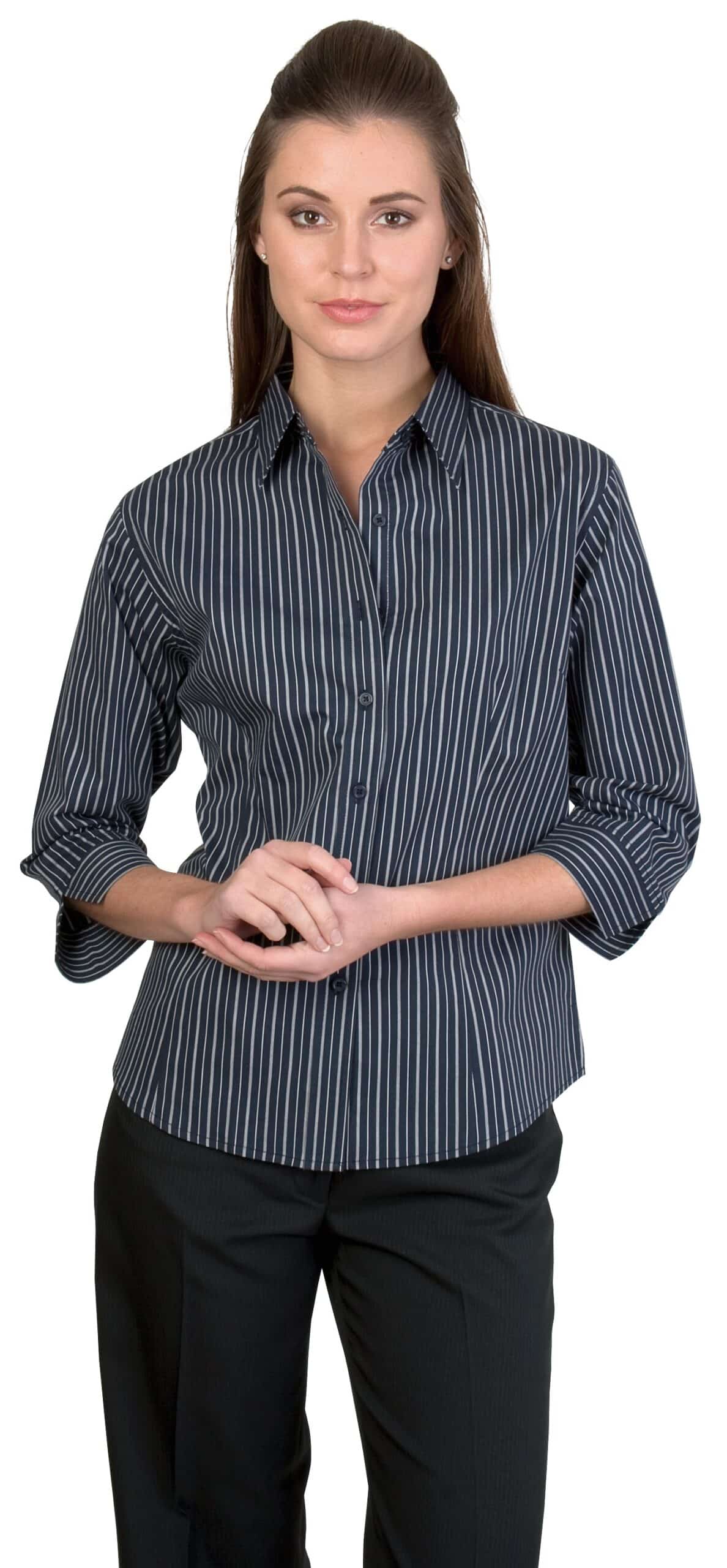 DNC Workwear Ladies Stretch Yarn Dyed Contrast Stripe Shirts - 3/4 Sleeve