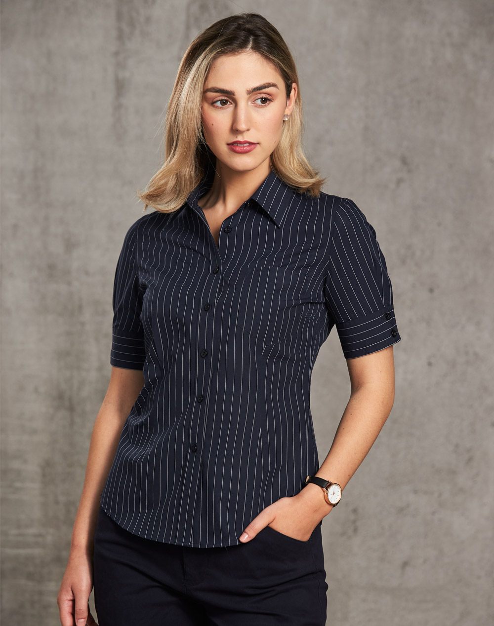 Benchmark M8224 Womens Pin Stripe Short Sleeve Shirt | Fast Clothing